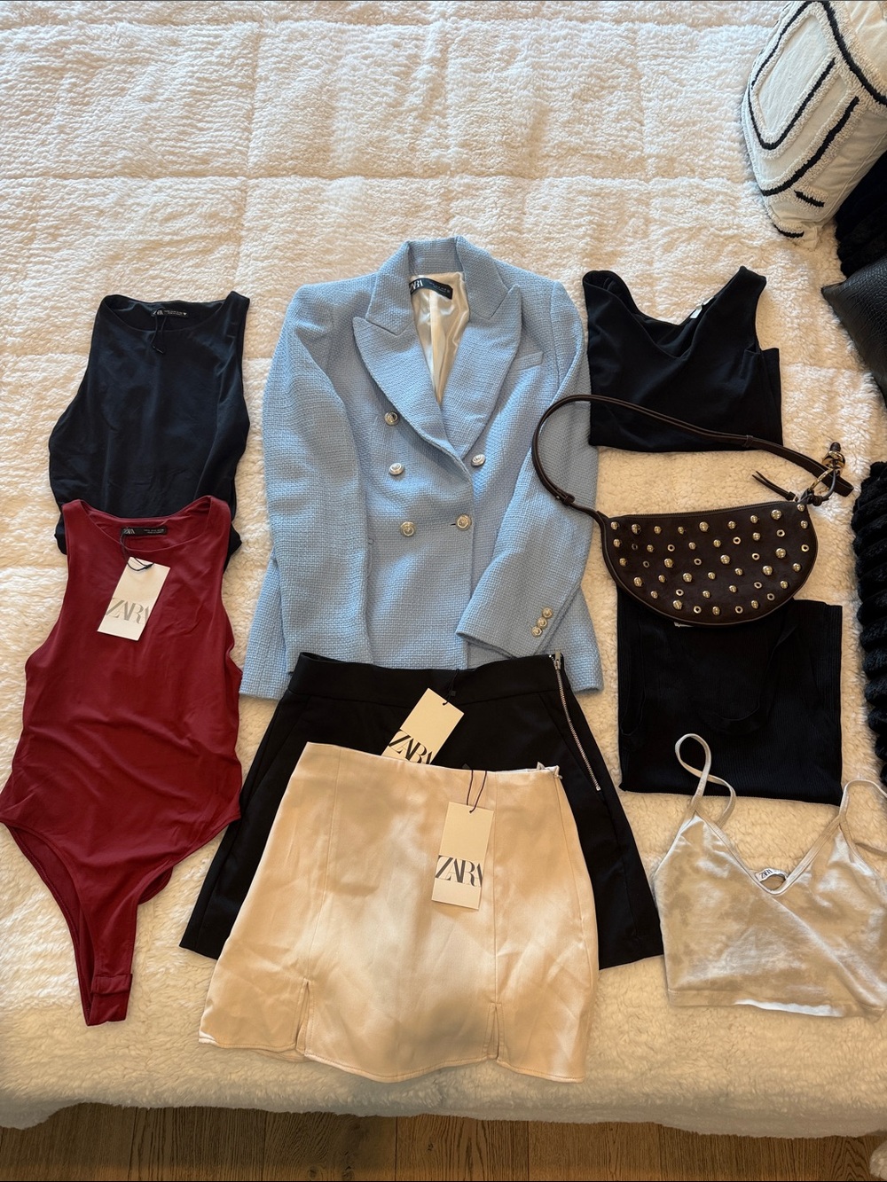 ZARA Light Blue Textured Double-Breasted Blazer
